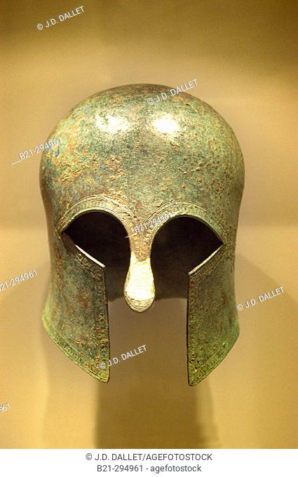 Corinthian helmet at archeological museum. Thessaloniki. Greece