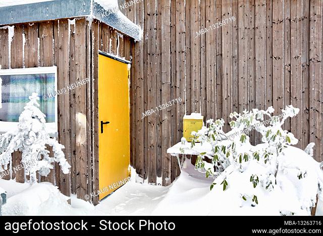 Door, window, house facade, Wasserkuppe, winter, iced up, frost, snow, Rhoen, Hesse, Germany, Europe