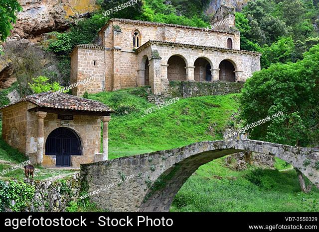 Santa Maria de la Hoz hermitage with medieval bridge and Santo Cristo chapel. Tobera, Burgos province, Castilla y Leon, Spain
