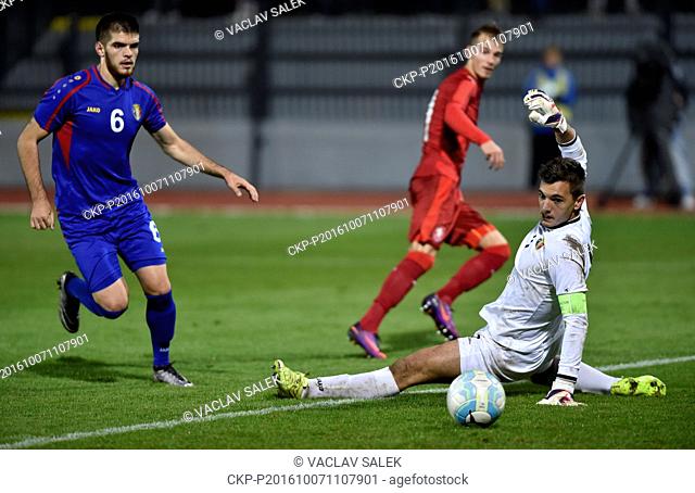 Moldovan goalkeeper Radu Mitu (right) receives goal during the match of European Football Championship under-21 qualifier: Czech Republic vs Moldova in Znojmo