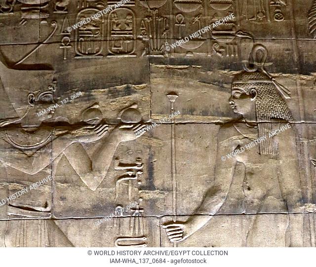 Relief from the Temple of Philae set on an island in the reservoir of the Aswan Low Dam, downstream of the Aswan Dam and Lake Nasser, Egypt