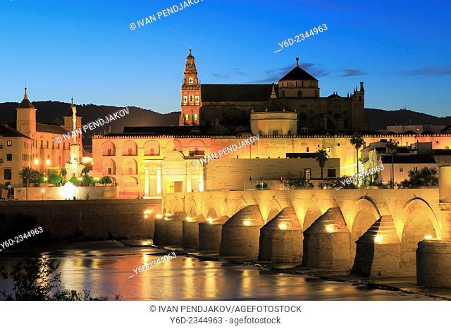 Mosque–Cathedral of Cordoba and the Roman Bridge in the Evening, Andalusia, Spain