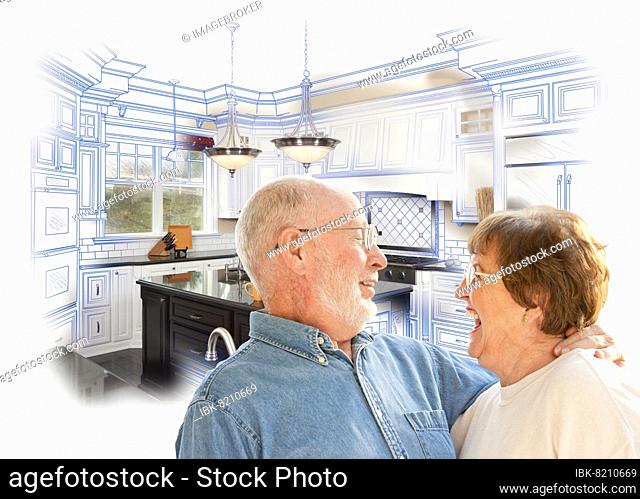 Happy laughing senior couple over kitchen design drawing and photo combination on white