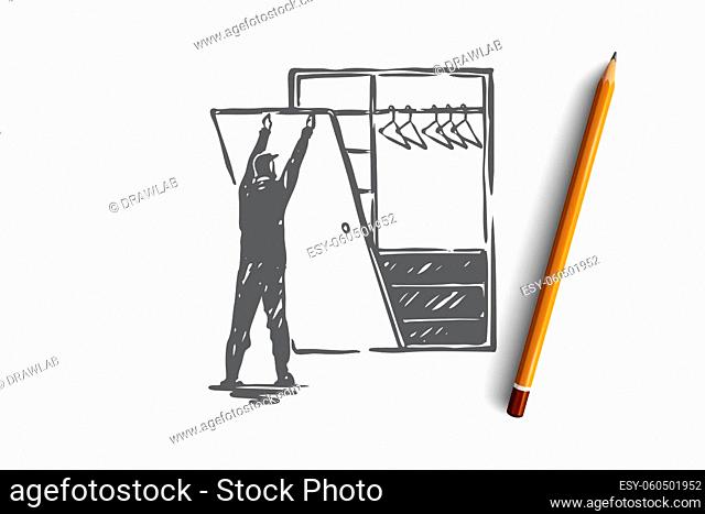 Custom, built-in, construction, work, create concept. Hand drawn man making cupboard concept sketch. Isolated vector illustration