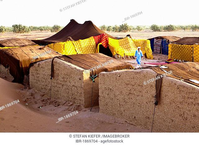 Desert camp for tourists in the sand dunes of Erg Chegaga, Sahara Desert near Mhamid, Morocco, Africa