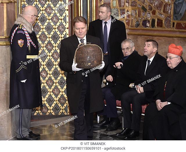 Czech President Milos Zeman (3rd from right) and other six key holders unlocked chamber with crown jewels in St. Vitus Cathedral at Prague Castle