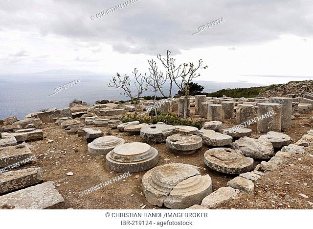 Rest of columns at the archaeological site on the mountain Messa Vouno, Thira, Santorini, Greece