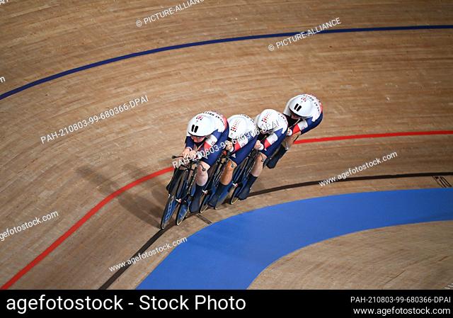 03 August 2021, Japan, Izu: Cycling/Track: Olympics, preliminaries 4000m team pursuit, women, 1st round at Izu Velodrome