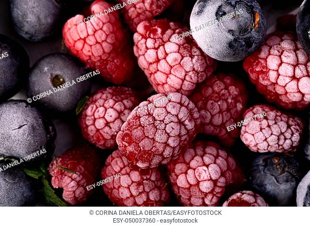 Frozen berries closeup, top view shot