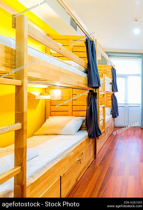 The hostel dormitory beds arranged in room