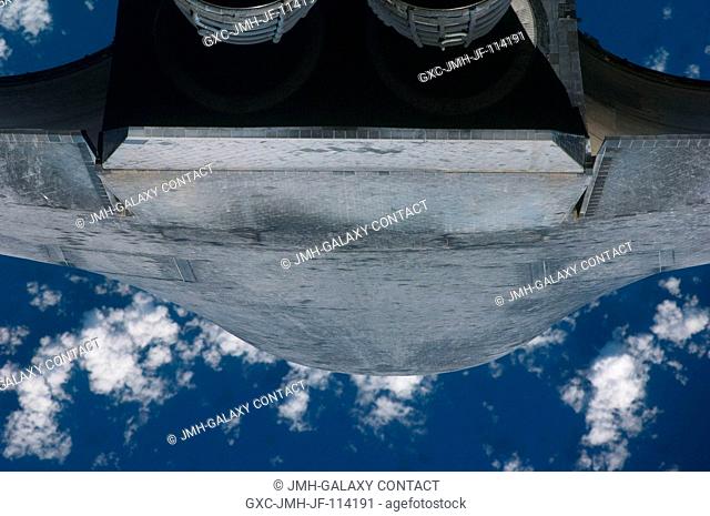 This view of the aft underside of the Space Shuttle Atlantis was provided by an Expedition 21 crew member during a survey of the approaching vehicle prior to...