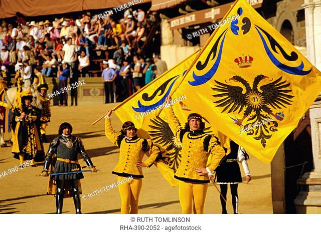 The Palio, standard bearers of the Aquila Eagle contrada, Siena, Tuscany, Italy, Europe