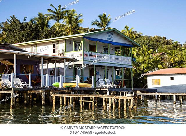 Seaside houses in the historic town of Old Bank on Isla Bastimentos, Bocas del Toro, Panama