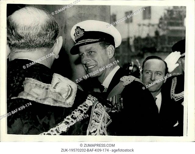 Feb. 02, 1957 - Duke of Edinburgh at 'Welcome Back' Luncheon Lieut. Commander Micheal Parker Goes Too.: The Duke of Edinburgh was entertained at the Guillhall...