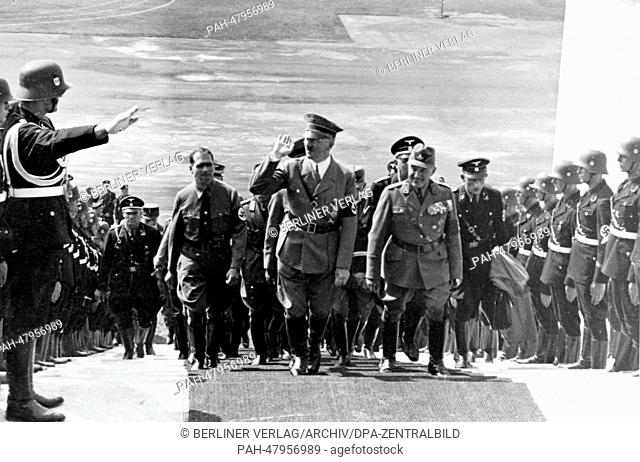 Nuremberg Rally 1937 in Nuremberg, Germany - Arrival of Adolf Hitler for the roll call of the Reich Labour Service (RAD) at Zeppelin Field on the Nazi party...
