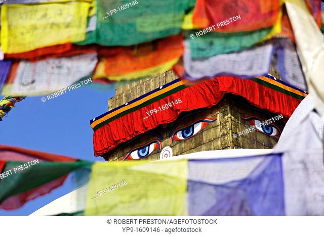 Buddhist stupa and prayer flags at Bodhnath, Kathmandu, Nepal