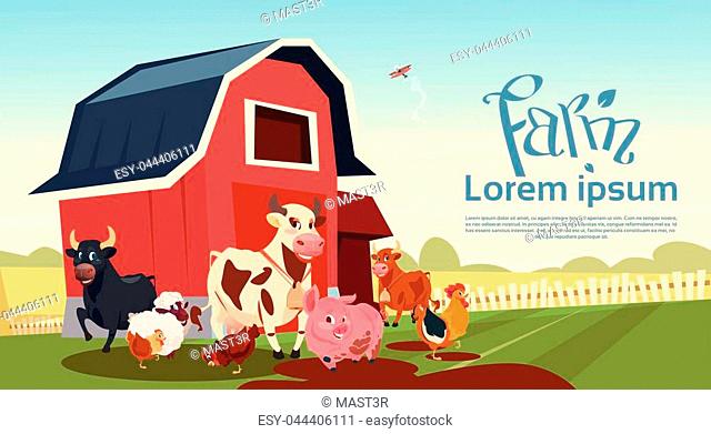 Farm Breeding Animals Farmland Background Flat Vector Illustration
