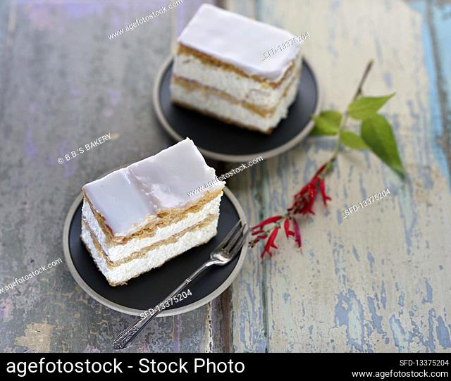 Iced vegan puff pastry cream slices