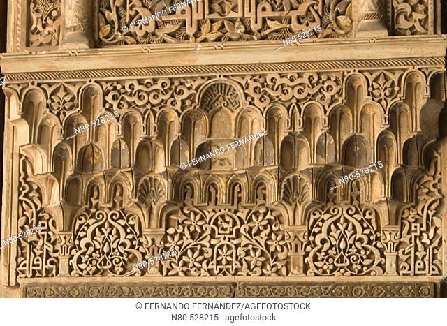 'Mocarabes' (aka Stalactite or Honeycomb work) in the Court of the Lions, Alhambra. Granada. Andalusia, Spain