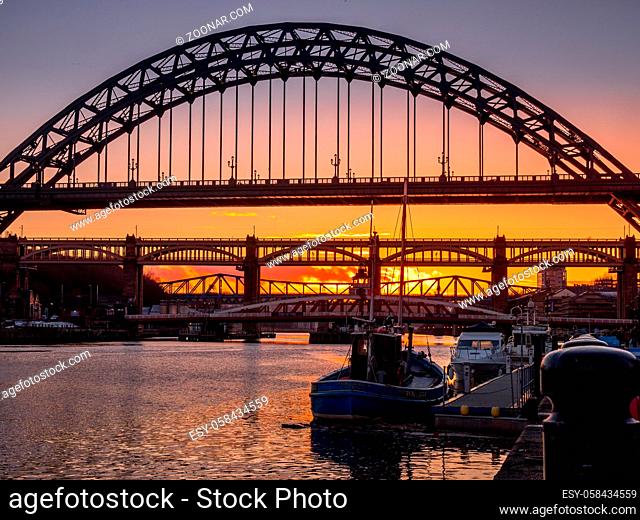 NEWCASTLE UPON TYNE, TYNE AND WEAR/UK - JANUARY 20 : Sunset over the Bridges of Newcastle upon Tyne, Tyne and Wear on January 20, 2018