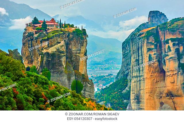 Picturesque view of The Holy Trinity monastery on the top of the rock in Meteora, Greece