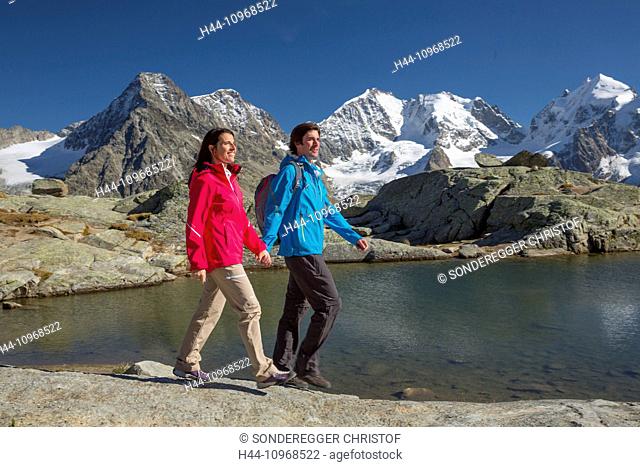Engadin, Engadine, walking, hiking, Fuorcla Surlej, view, Piz Bernina, Piz Rosegg, mountain, mountains, mountain lake, glacier, ice, moraine, walking, hiking