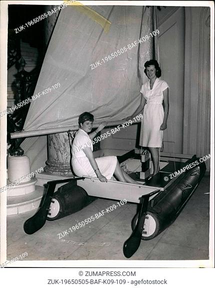 May 05, 1965 - New Uses for Nylon. Inflatable Catamaran.: An iflatable catamaran for the people - is demonstrated by L-R: Jennifer Barnes of Co