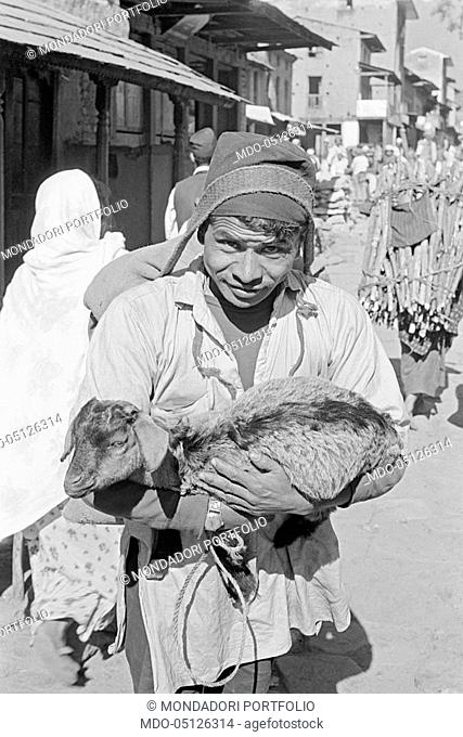 Nepalese man holding a sheep. Nepal, 1965