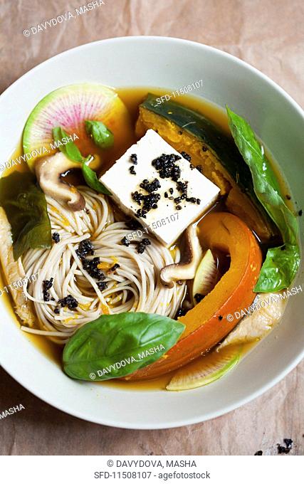 Soba noodle soup with pumpkin, mushrooms and tofu (Japan)