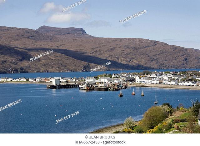 View into harbour, Loch Broom, Ullapool, Wester Ross, Ross and Cromarty, Northern Highlands, Scotland, United Kingdom, Europe