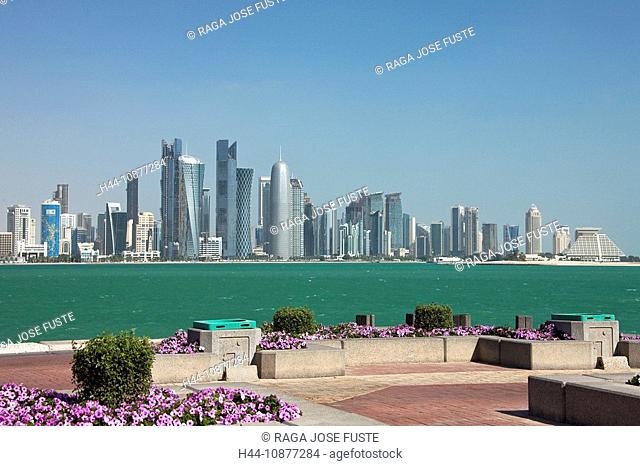 Qatar, architecture, block of flats, high-rise building, Doha, skyline, blocks of flats, high-rise buildings, buildings, constructions, Corniche, sea, water