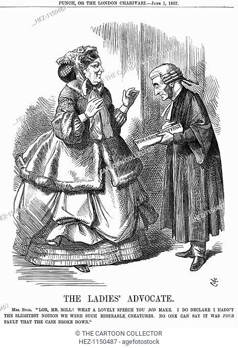 'The Ladies' Advocate', 1867. This cartoon shows Mrs Bull commiserating with John Stuart Mill on the rejection of his motion