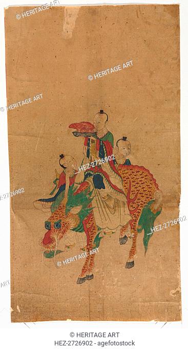 Daoist Immortal on a Kilin and Two Attendants, late 1800s. Creator: Sa Lin Pun (Korean)