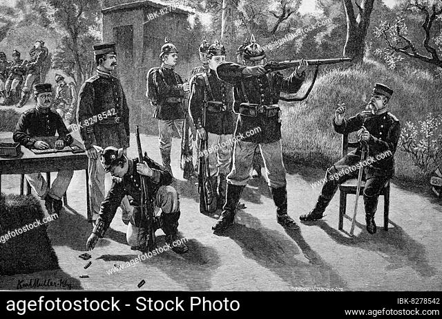 Soldaten auf dem Schießstand, 1876, Deutschland, Historisch, digitale Reproduktion einer Originalvorlage aus dem 19. Jahrhundert, Originaldatum nicht bekannt