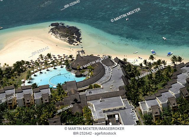 Aerial view, coral reefs, sea and hotel area, Mauritius, Mascarene Islands, Indian Ocean