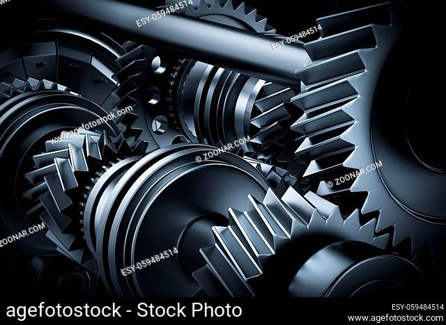 Motor, engine close-up. Gears, cogwheels, real engine elements background. Heavy industry. 3D rendering