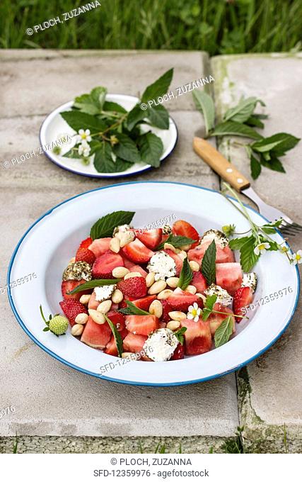 Salad with watermelon, strawberries, mint and zaatar labneh