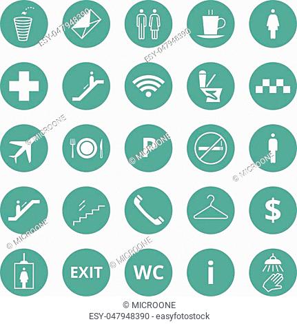 Public place navigation vector icons. Toilet, restaurant and elevator pictograms. Restaurant and toilet icons, illustration of elevator and info sings
