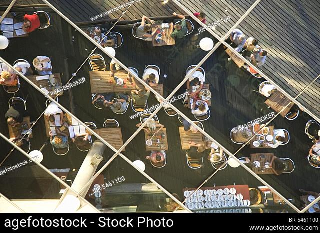 Guests in restaurant, Maremagnum shopping centre, reflection on the ceiling, Barcelona, Catalonia, Spain, Europe