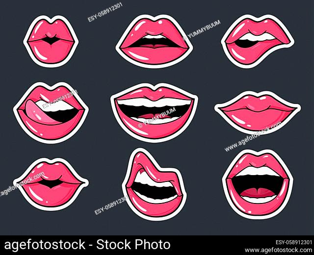 Lip Stickers Set. Patch female lips and mouth with a kiss, smile, tongue and teeth, Fashion sexy glamour collection badges elements isolated vector illustration