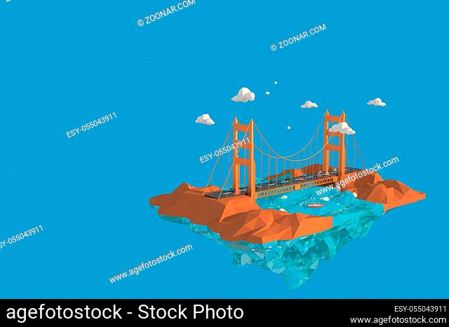 3D illustrator Golden Gate Bridge in USA. 3d rendering Low Polygon Geometry Background. Abstract Polygonal Geometric Shape. Lowpoly Minimal Style Art