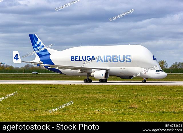 An Airbus Beluga Super Transporter A300B4-608ST with the registration F-GSTD at Hamburg Finkenwerder Airport, Germany, Europe