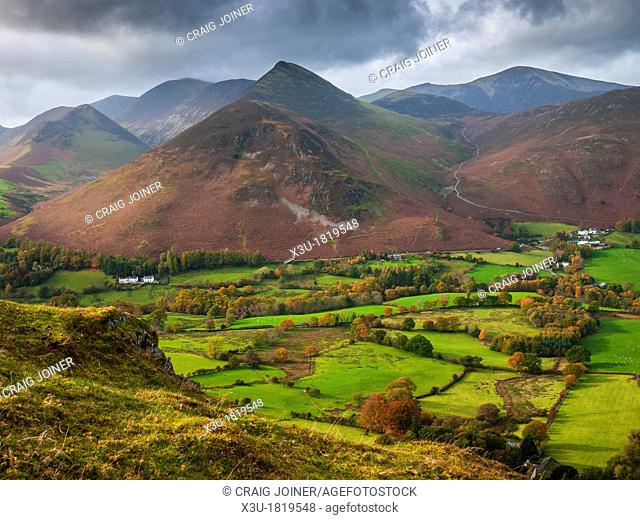Newlands Valley from Cat Bells with Rowling End and Causey Pike fells in the distance  Keswick, Cumbria, England, United Kingdom