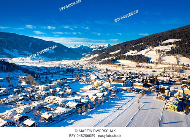 Altenmarkt in the Pongau region during winter. Aerial view on a beautiful winter day with lots of snow. Salzburg, Austria in Europe