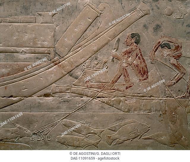 Fishing scene, painted relief, Mastaba of Princess Idut, Saqqara (Unesco World Heritage List, 1979). Egyptian Civilisation, Old Kingdom, Dynasty VI