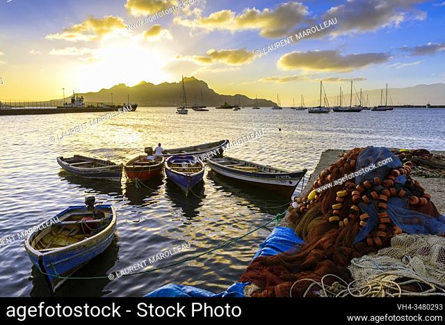 Fishing Boats at Sunset in the Harbour of Mindelo, Sao Vicente, Cape Verde Islands, Africa