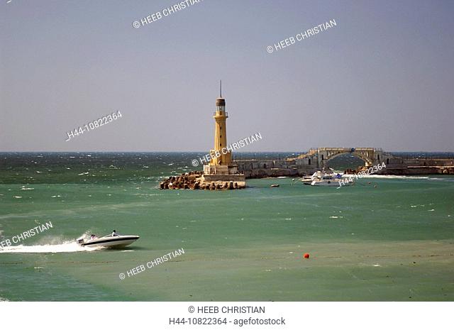 lighthouse, coast, sea, Mediterranean Sea, speedboat, Montazah Gardens, Alexandria, Egypt, North Africa