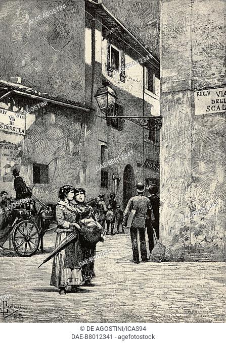 Fornarina's house at Porta Settimiana, Rome, Italy, engraving from a drawing by Dante Paolocci, from L'Illustrazione Italiana, year 10, no 15, April 15, 1883