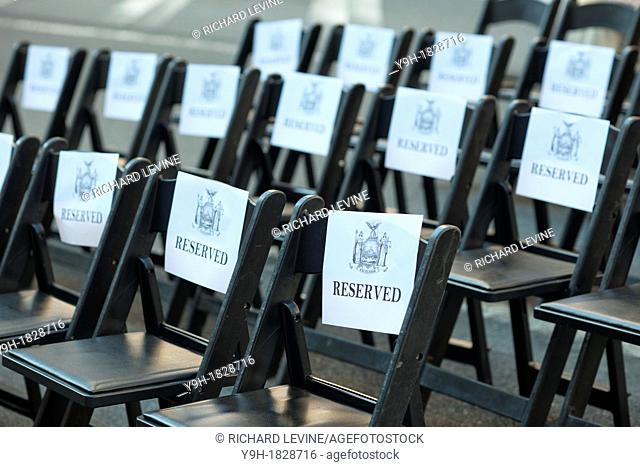 Seats reserved for dignitaries at the Brooklyn Battery Tunnel in New York prior to the renaming ceremony for the Hugh L Carey Tunnel after the late NYS Governor...