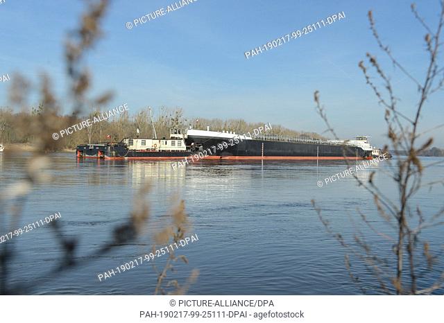 17 February 2019, Saxony-Anhalt, Aken: The newly built hull of an inland tanker named ""Spera"" of the Czech shipping company CSPL is being transported by two...